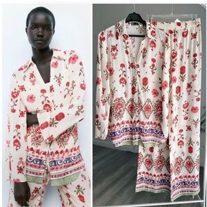 Zara Co-Ord Set Blouse Pants Floral New